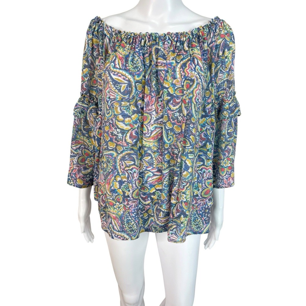 Zac & Rachel Size 1X Top Boho Floral Peasant Blue Paisley Blouse Festival FLAW